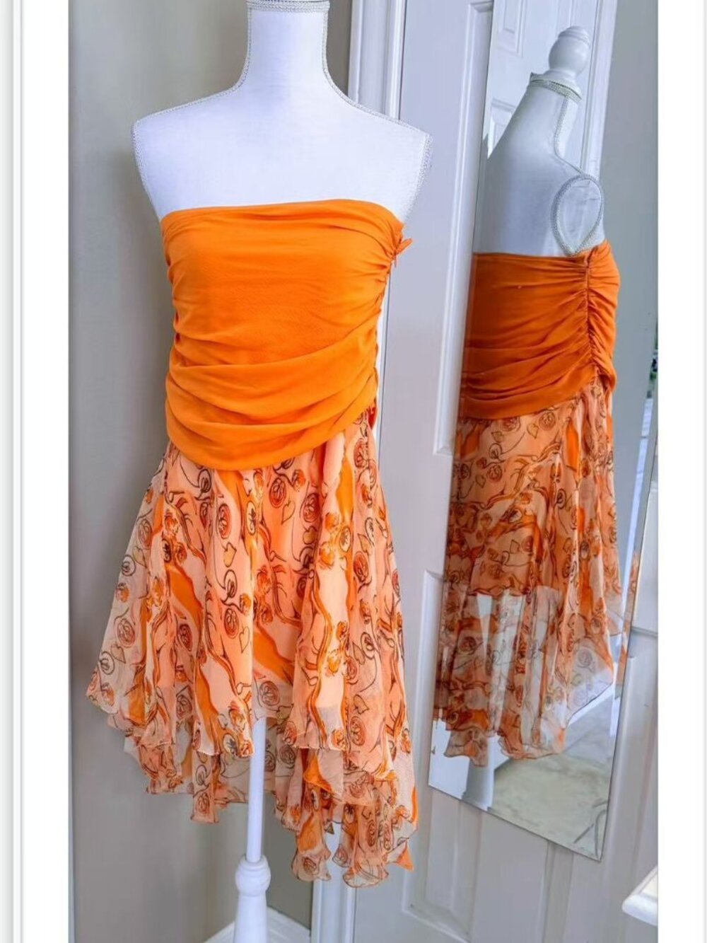 Max Studio silk floral ruffled handkerchief hemline high-low dress size S
